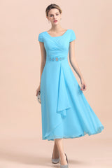 Blue Short Sleeves Chiffon Mother of the Bride Dress Tea-Length Online