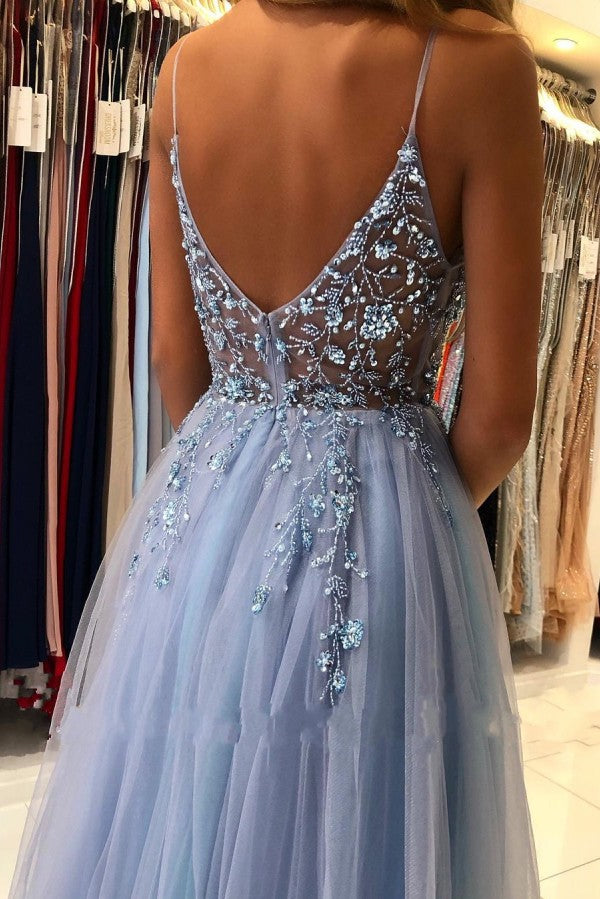 Blue Spaghetti-Straps Prom Dress Tulle Slit Evening Dress With Beads