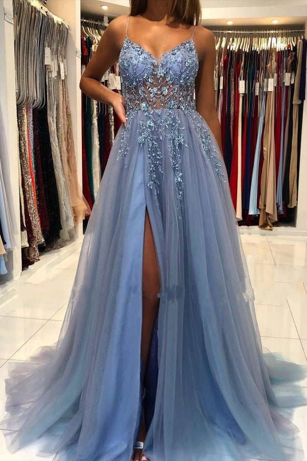 Blue Spaghetti-Straps Prom Dress Tulle Slit Evening Dress With Beads