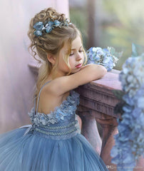 Blue Spaghetti-Straps Tulle Flower Girl Dress Layered With Appliques