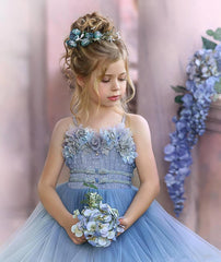 Blue Spaghetti-Straps Tulle Flower Girl Dress Layered With Appliques