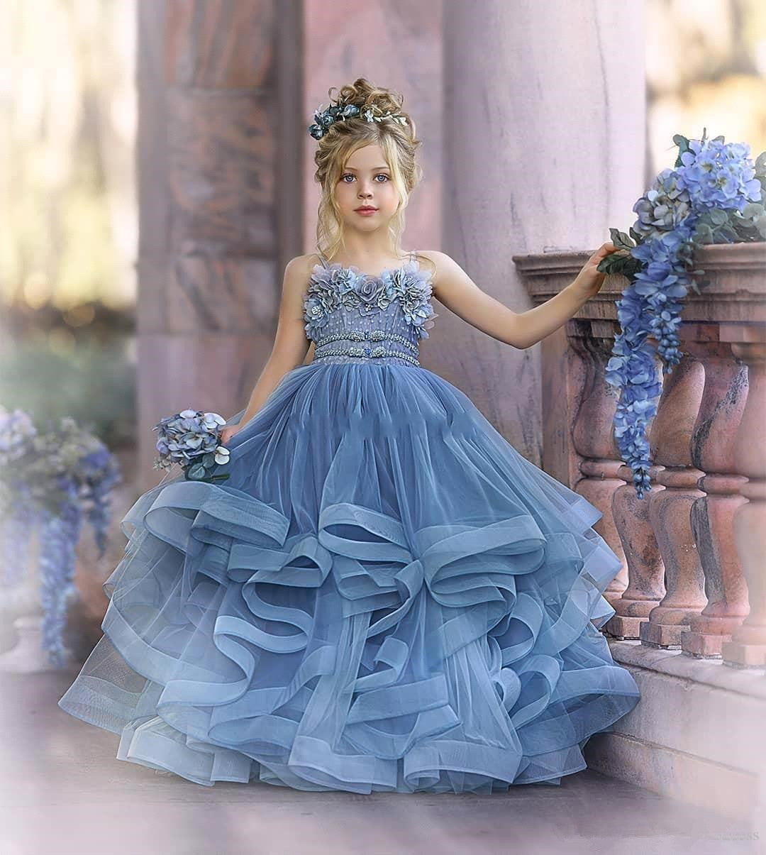 Blue Spaghetti-Straps Tulle Flower Girl Dress Layered With Appliques