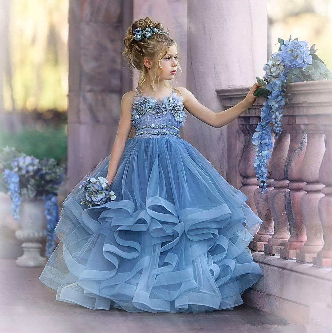 Blue Spaghetti-Straps Tulle Flower Girl Dress Layered With Appliques