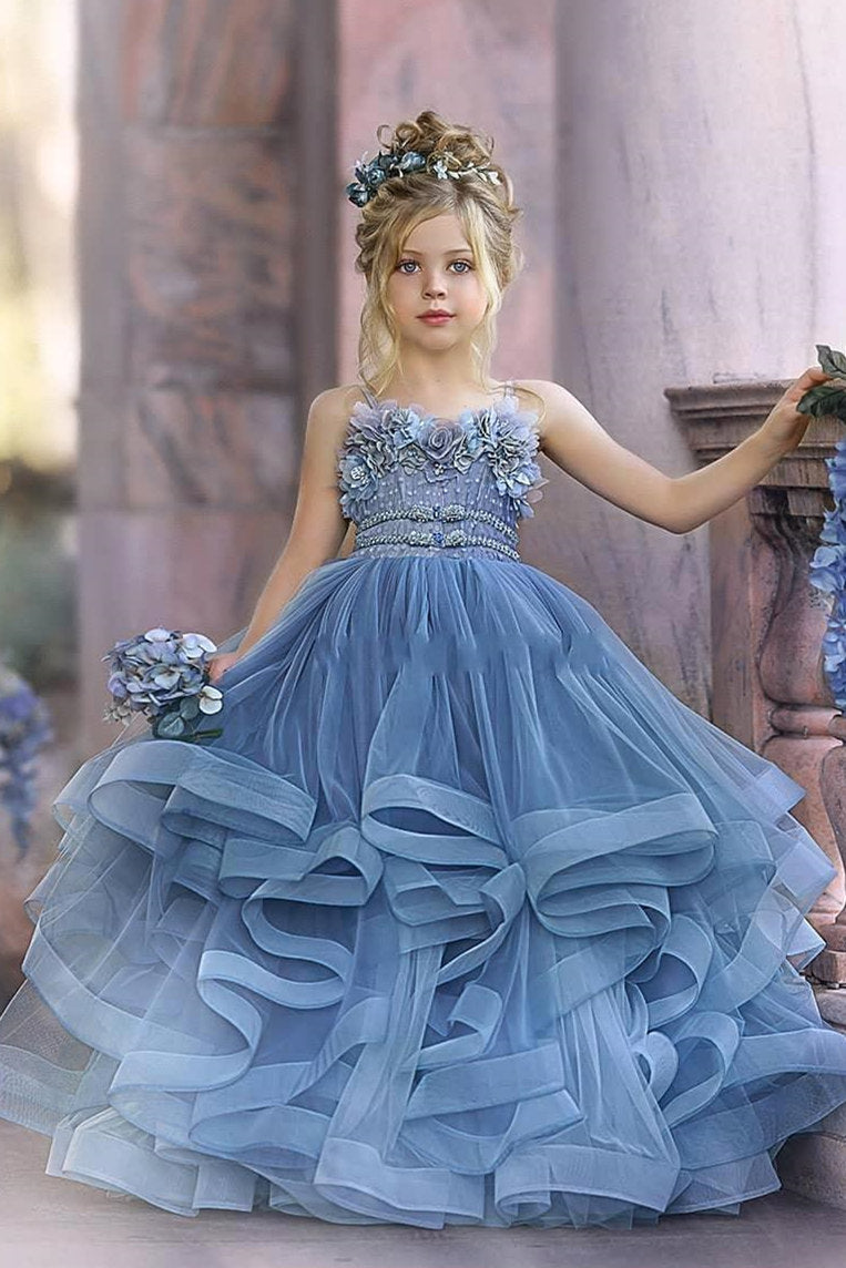 Blue Spaghetti-Straps Tulle Flower Girl Dress Layered With Appliques