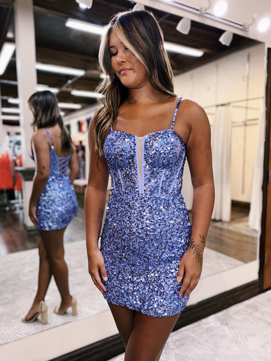Blue Sequined Scoop Neck Lace-Up Short Tight Homecoming Dress Newinlook Blue Sequined Scoop Neck Lace-Up Short Tight Homecoming Dress Newinlook