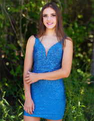 Sheath Blue Beaded Plunging Neckline Short Homecoming Dress