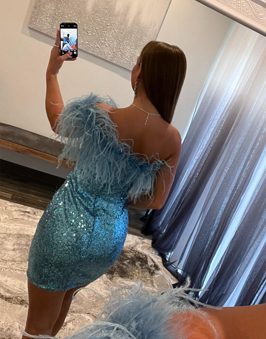 Farrah Sheath Sparkling Sequin Homecoming Dress with Feather Details