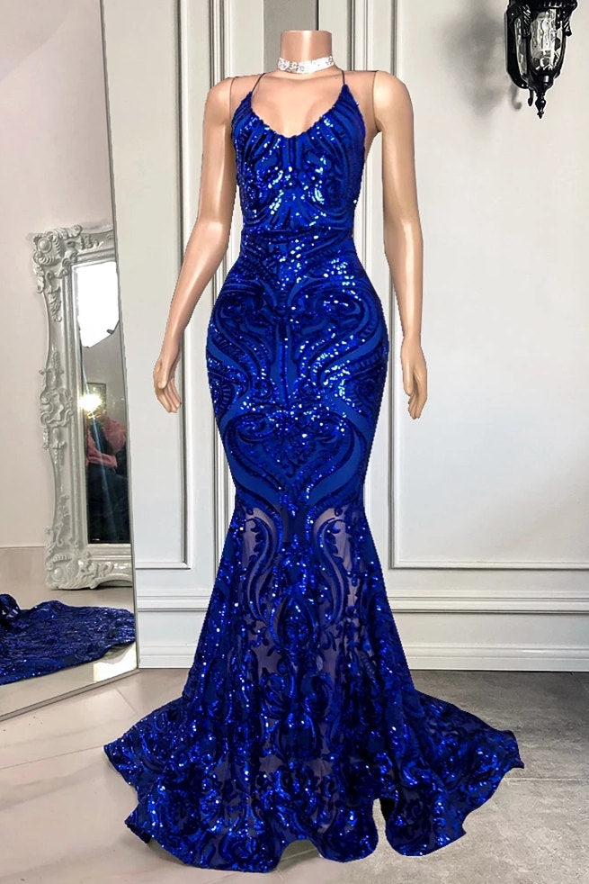 Royal Blue Sleeveless Prom Dress Mermaid Sequins Online