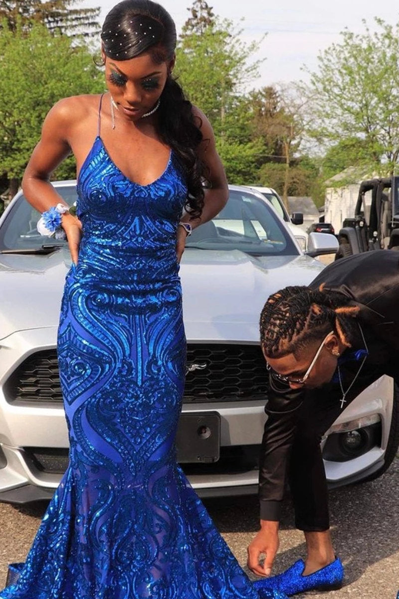 Royal Blue Sleeveless Prom Dress Mermaid Sequins Online