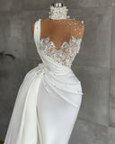 White High Neck Mermaid Prom Dress With Ruffles Beads