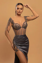 Long Sleeves Mermaid Prom Dresses Split With Lace Appliques