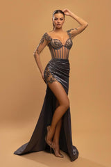 Long Sleeves Mermaid Prom Dresses Split With Lace Appliques