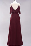 Burgundy Cold-shoulder Long Bridesmaid Dress With Half Sleeve