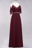 Burgundy Cold-shoulder Long Bridesmaid Dress With Half Sleeve