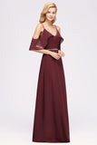 Burgundy Cold-shoulder Long Bridesmaid Dress With Half Sleeve