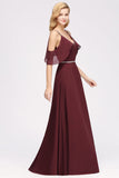 Burgundy Cold-shoulder Long Bridesmaid Dress With Half Sleeve