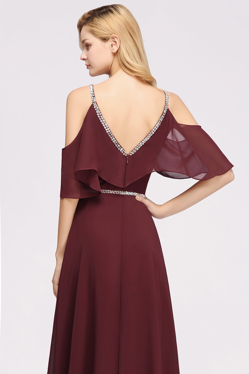 Burgundy Cold-shoulder Long Bridesmaid Dress With Half Sleeve