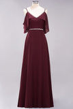 Burgundy Cold-shoulder Long Bridesmaid Dress With Half Sleeve