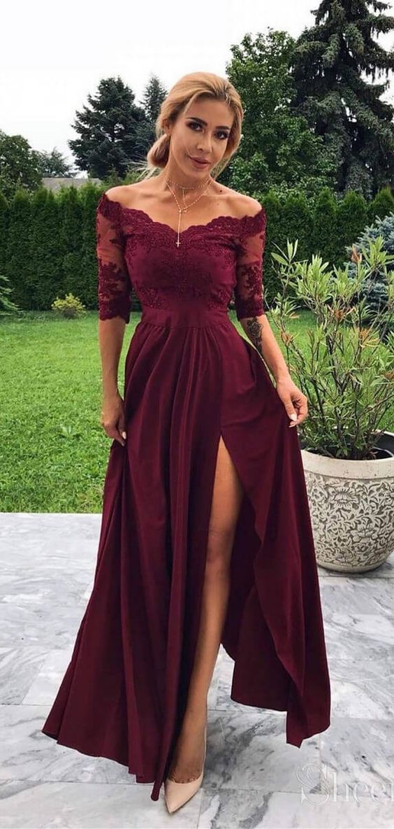 Burgundy Half Sleeves Lace Prom Dress Long With Slit