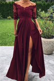 Burgundy Half Sleeves Lace Prom Dress Long With Slit