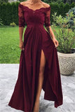 Burgundy Half Sleeves Lace Prom Dress Long With Slit