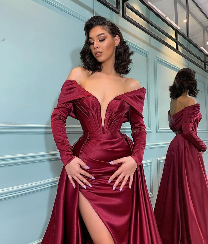 Burgundy Long Sleeve Prom Dress Split Off-the-Shoulder Party Gowns – Newinlook Burgundy Long Sleeve Prom Dress Split Off-the-Shoulder Party Gowns – Newinlook