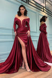 Burgundy Long Sleeve Prom Dress Split Off-the-Shoulder Party Gowns