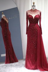 Burgundy Long Sleeves Beadings Evening Dress High Neck Mermaid Party Gowns