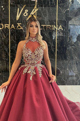Burgundy Long Sleeves Evening Dress Ball Gown Tulle With Appliques