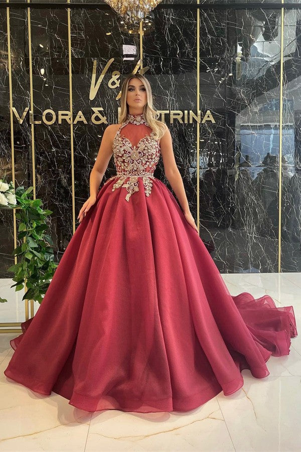 Burgundy Long Sleeves Evening Dress Ball Gown Tulle With Appliques