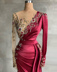 Burgundy Long Sleeves Mermaid Prom Dress With Beadings