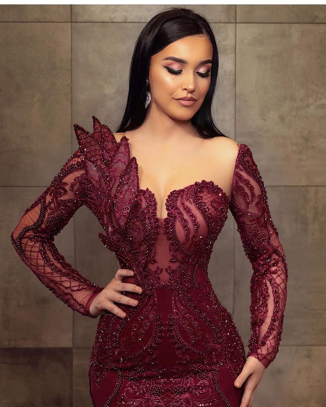Burgundy Long Sleeves Prom Dress Mermaid Long With Beadings Newinlook Burgundy Long Sleeves Prom Dress Mermaid Long With Beadings Newinlook