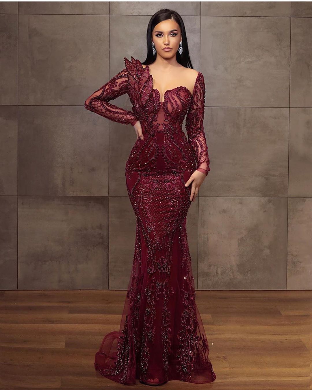 Burgundy Long Sleeves Prom Dress Mermaid Long With Beadings Newinlook Burgundy Long Sleeves Prom Dress Mermaid Long With Beadings Newinlook