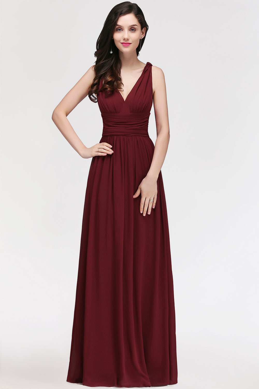 Burgundy Long V-Neck Sleeveless Chiffon Bridesmaid Dress Online