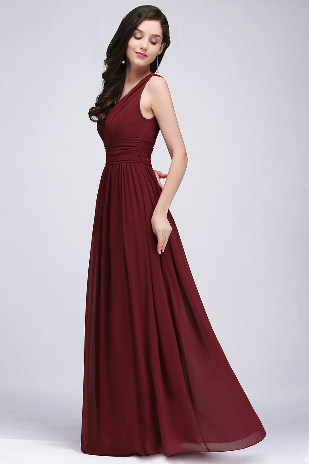 Burgundy Long V-Neck Sleeveless Chiffon Bridesmaid Dress Online