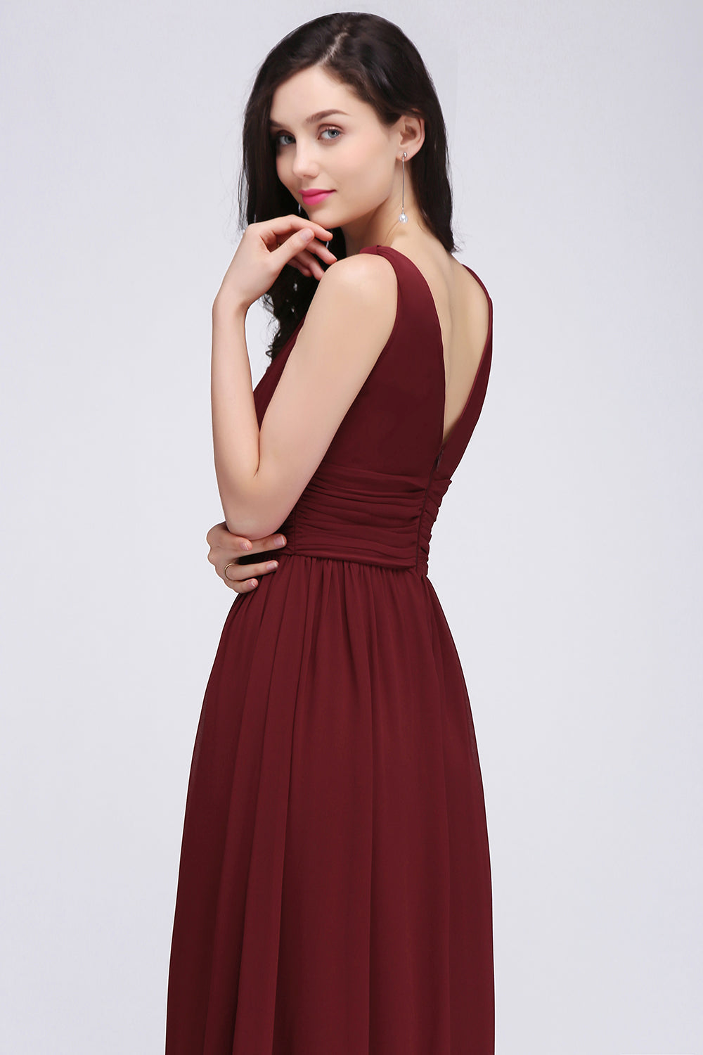 Burgundy Long V-Neck Sleeveless Chiffon Bridesmaid Dress Online