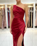 Burgundy One Shoulder Prom Dresses Mermaid Slit Sleeveless