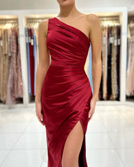 Burgundy One Shoulder Prom Dresses Mermaid Slit Sleeveless
