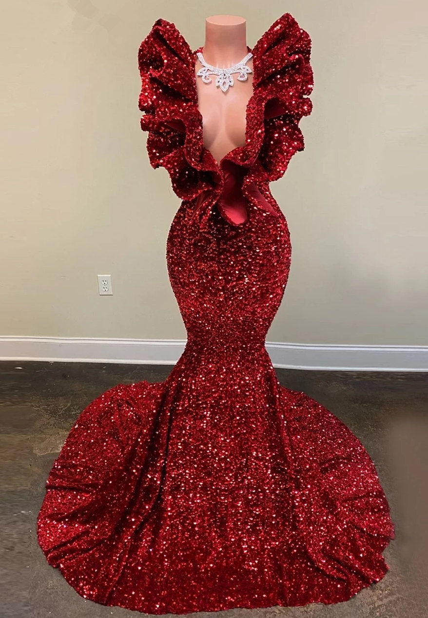 Burgundy Prom Dress Mermaid V-Neck With Ruffle