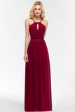 Burgundy Spaghetti Straps Long Bridesmaid Dress with Beading Sash