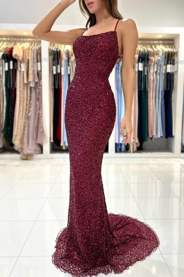 Burgundy Spaghetti-Straps Prom Dress Mermaid With Sequins Beaded