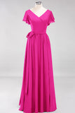 Burgundy V-Neck Long Bridesmaid Dress With Short-Sleeves