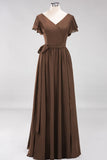 Burgundy V-Neck Long Bridesmaid Dress With Short-Sleeves
