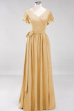 Burgundy V-Neck Long Bridesmaid Dress With Short-Sleeves