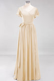 Burgundy V-Neck Long Bridesmaid Dress With Short-Sleeves