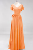 Burgundy V-Neck Long Bridesmaid Dress With Short-Sleeves