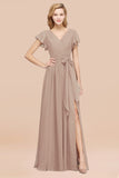 Burgundy V-Neck Long Bridesmaid Dress With Short-Sleeves