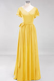 Burgundy V-Neck Long Bridesmaid Dress With Short-Sleeves