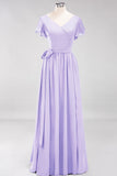 Burgundy V-Neck Long Bridesmaid Dress With Short-Sleeves