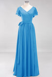 Burgundy V-Neck Long Bridesmaid Dress With Short-Sleeves